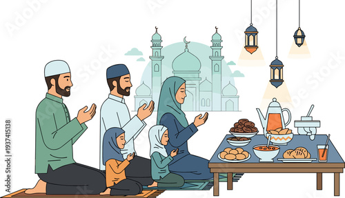 A Muslim family praying together before a meal on transparent background