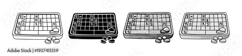 Four ancient board games with fictional symbols are illustrated in various black and white graphic styles, including line art, silhouette, woodcut, and stippling for a historical concept
