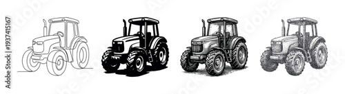 Set of four tractor illustrations showing different artistic styles including line art, silhouette, engraving, and stippling for agricultural and farming design concepts