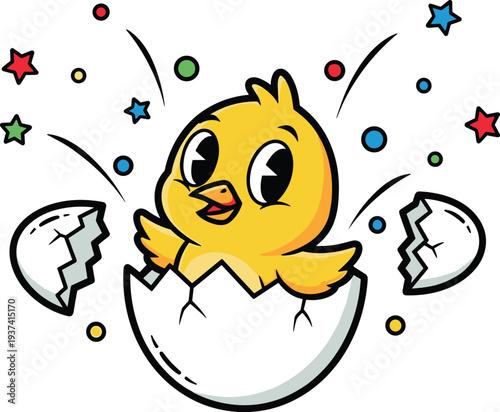 A cheerful cartoon chick emerges from an eggshell on transparent background