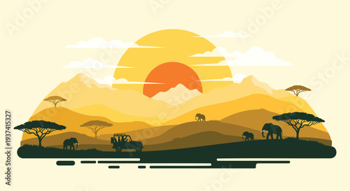 Vector savannah landscape at sunset with animals
