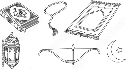 A collection of Islamic symbols and objects on transparent background