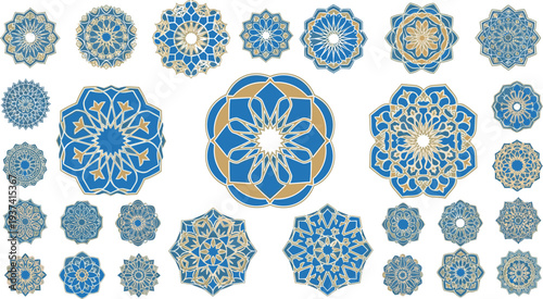 A collection of blue and gold mandala designs on transparent background