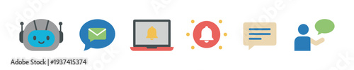 Colorful flat icon set representing communication, chatbots, notifications, email, and customer support for web and mobile applications, presented in a clean, modern vector style