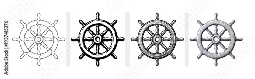 Set of four vintage ship's wheels illustrated in different graphic styles including line art, ink drawing, engraving, and stippling for nautical themed design elements