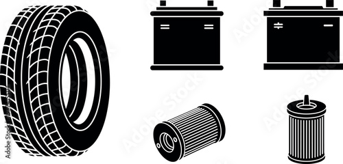 Black and white illustration of car parts on transparent background