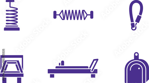 Purple icons of various gym equipment on transparent background