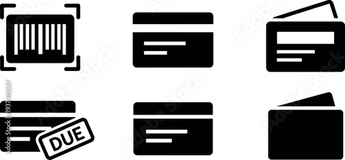A set of six black credit card icons on transparent background