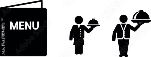 A menu and two waiters with covered dishes on transparent background