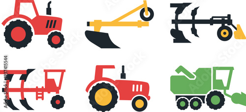 A set of colorful farming and construction vehicle icons on transparent background