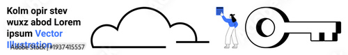 Cloud storage, data security, cybersecurity, encryption, digital access, data protection. A person holding a file next to a cloud and a key symbol. Cloud storage and data security ideas