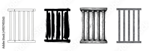 Set of four black prison bar illustrations in various artistic styles, including simple line art, grunge brushstroke, vintage engraving, and a modern dotted pattern