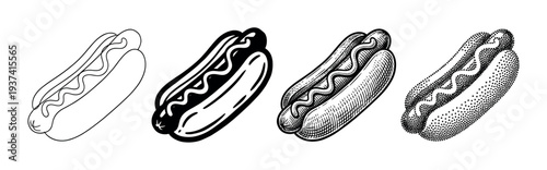 Set of four hot dog illustrations showcasing different artistic techniques like line art, graphic silhouette, vintage engraving, and modern stippling for design elements