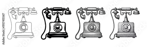 Collection of four vintage rotary telephones illustrated in different artistic styles including line art, silhouette, engraving, and stippling for a retro communication concept