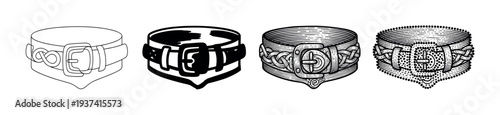 Set of four black and white belt illustrations showing a progression from simple outline to detailed engraving and stippling styles with intricate ornamental Celtic knot patterns