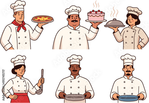 Cartoon chefs in white uniforms holding pizza, cake, serving dish, ladle, pot, and pan, fun culinary cooking illustration for restaurant, kitchen, food industry design