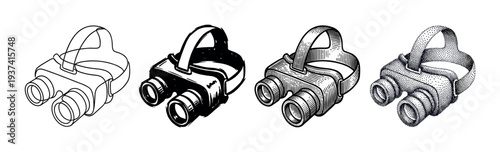 Set of four virtual reality headsets illustrated in different monochrome graphic styles including line art, ink, engraving, and stippling for technology concepts