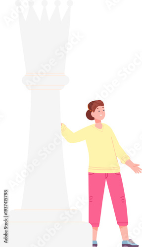 Woman with big chess queen figure. Business strategy