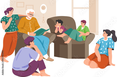 Family spend time together. Grandfather read book