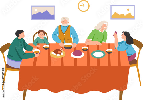 Family dinner scene. Happy grandma and grandpa home