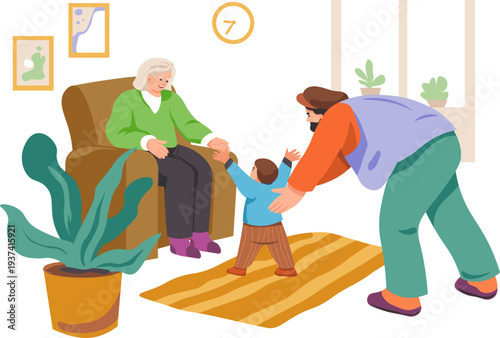 Grandfather play with kid. Happy grandchild cartoon scene