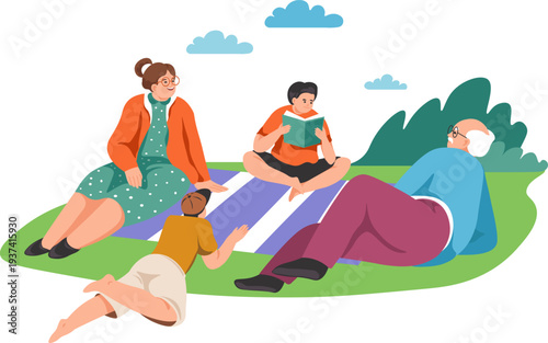 Family picnic. Old man with kids outdoor scene