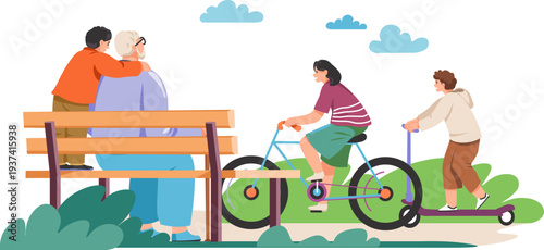 Kids play with grandparent outdoor. Happy family together