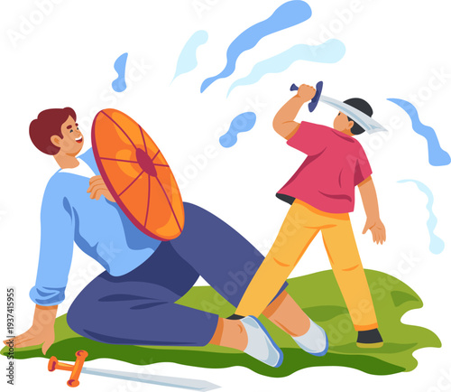 Happy dad and son playing sword game scene