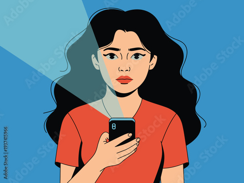Woman holding smartphone with concerned expression on face, dark hair and red shirt on blue background