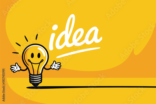 Cartoon light bulb character with idea concept on yellow background