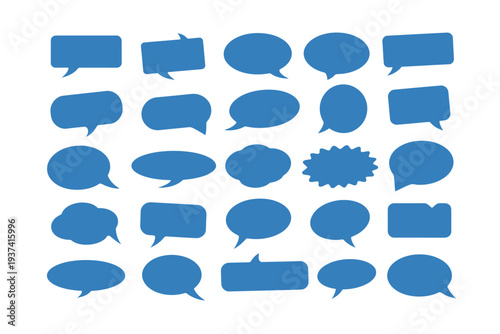 A collection of various blue speech bubble shapes are displayed against a white background.