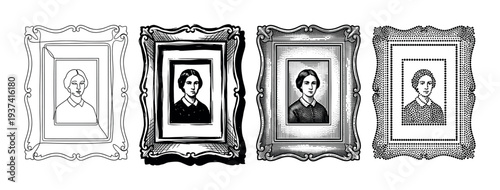 Four vintage portraits of a woman in ornate frames showcasing different artistic illustration styles like continuous line art, woodcut, engraving, and pointillism in a graphic set