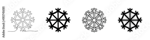 Set of four black snowflake icons showcasing different artistic styles including continuous line art, solid silhouette, detailed engraving, and a halftone dot pattern for winter design