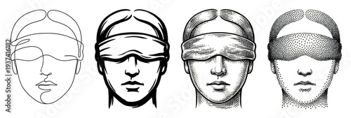 Set of four blindfolded woman's faces representing justice, illustrated in various artistic styles from continuous line art and engraving to bold graphic and stippling