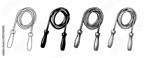 Set of four jump rope illustrations showcasing different artistic styles including line art, silhouette, engraving, and stippling for fitness and exercise concepts