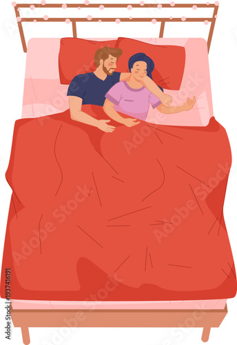 Couple sleep together. Man and woman lay in bed