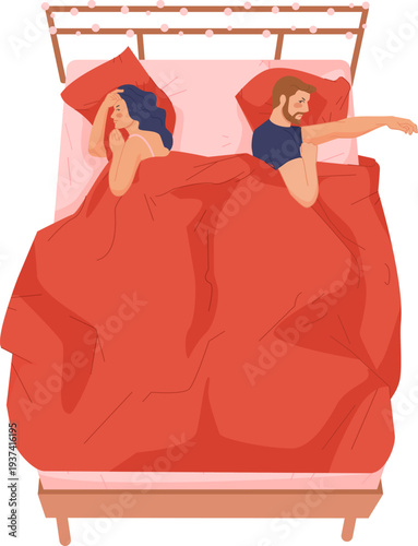 Sleeping woman and man in twin bed. Bedroom nighttime