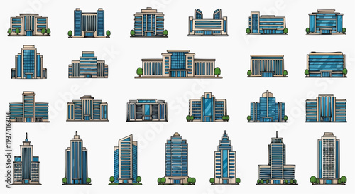 A diverse collection of different modern building designs. This image presents various styles of contemporary architecture