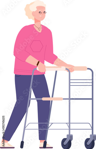 Woman with walking frame. Mobility aid. Wheeled walker