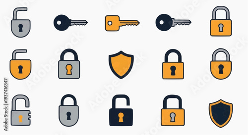 A collection of lock and key icons representing security and privacy concepts. Featuring various lock styles and key designs with a shield. 