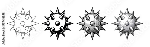 Set of four spiked ball icons showing different artistic styles, including simple line art, solid black silhouette, detailed engraving, and stippling dotwork illustration