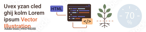 Web development, digital education, sustainability, environmental progress, coding, and eco-friendly technology. Code snippet and growth illustration. Web development and sustainability theme