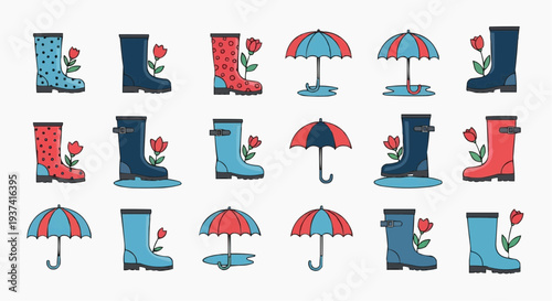 A colorful assortment of rain boots and umbrellas, perfect for a rainy day. These vibrant designs evoke a sense of playfulness and the beauty of spring