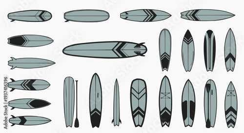 Array of various surfboards for surfing