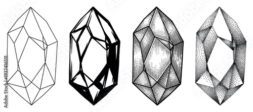 Four distinct faceted crystal gemstone illustrations showcasing various artistic rendering techniques, including clean line art, bold ink, detailed engraving, and intricate stippling