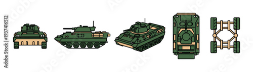 Detailed green military armored vehicle illustration set showcasing multiple perspectives including front, side, isometric, top, and undercarriage views, rendered in a flat, outlined cartoon style