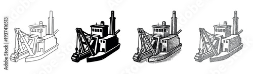 Set of four dredger boat illustrations in different graphic styles including line art, silhouette, engraving, and stippling, shown from an isometric perspective
