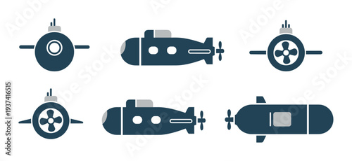 Six stylized dark blue submarine icons are presented in a clean, minimalist flat design, showcasing various perspectives including front, side, and rear views with periscopes and propellers
