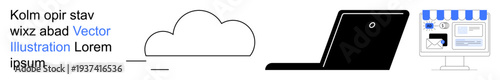 Cloud computing, online shopping, digital marketing, e-commerce, internet connectivity, data storage. Cloud, laptop and online storefront . Cloud computing and online shopping concept