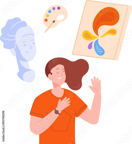 Creative woman. Artist color character. Female painter